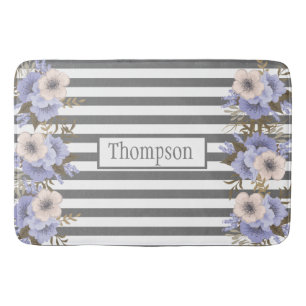 Monogrammed dusty blue matching flowers stripes bath mat