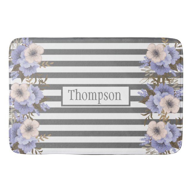 Monogrammed dusty blue matching flowers stripes   bath mat (Front)