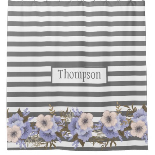 Monogrammed dusty blue watercolor floral stripes shower curtain
