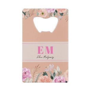 Monogrammed dusty pink floral credit card bottle opener