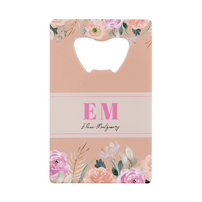 Monogrammed dusty pink floral  credit card bottle opener (Front)