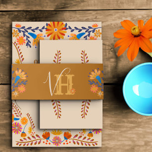 Monogrammed Earthy Boho Mexican Floral Invitation Belly Band