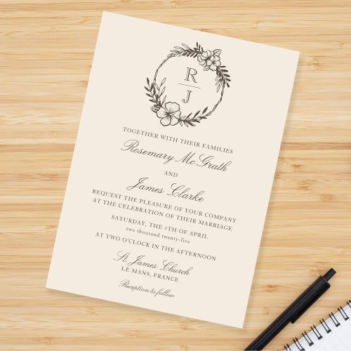 Monogrammed Earthy Botanicals Wreath Autumn Cream Invitation