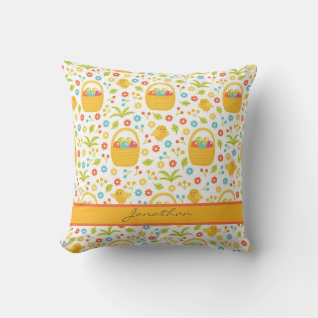 Monogrammed Easter Eggs in Basket Throw Pillow (Front)