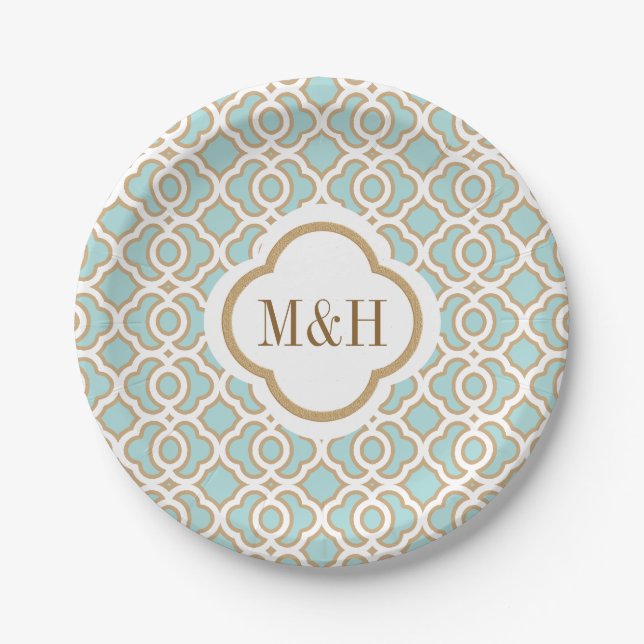 Monogrammed Eggshell Blu and Gold Moroccan Wedding Paper Plates (Front)