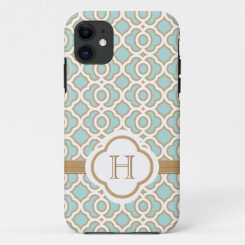 Monogrammed Eggshell Blue Gold Moroccan Iphone 11 Case by cutecases at Zazzle
