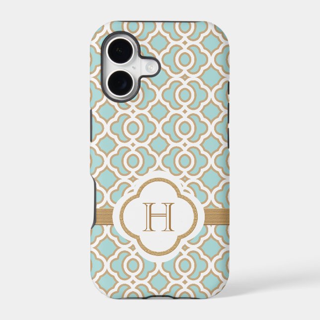 Monogrammed Eggshell Blue Gold Moroccan Iphone Case (Back)