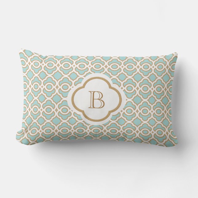 Monogrammed Eggshell Blue Gold Moroccan Lumbar Pillow (Front)
