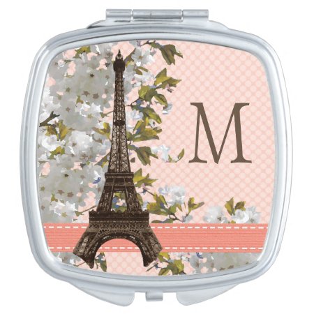 Monogrammed Eiffel Tower Cherry Blossom Compact Mirror