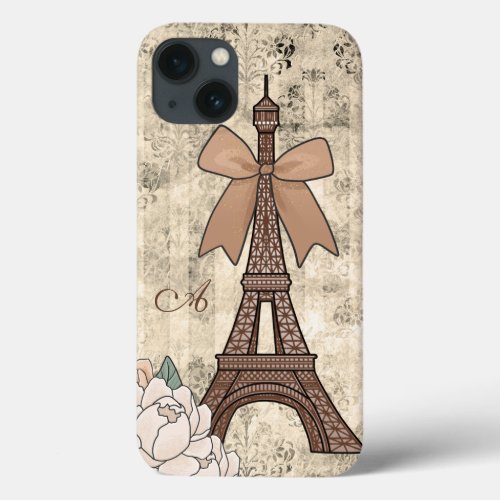 Monogrammed Eiffel Tower Damask Bow and Roses iPhone 13 Case