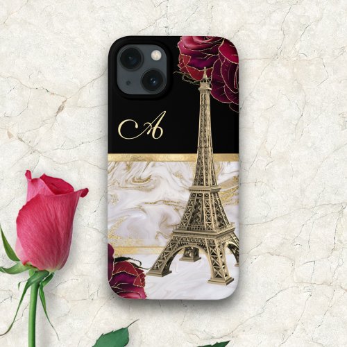 Monogrammed Eiffel Tower Gold Black Marble Rose iPhone 13 Case