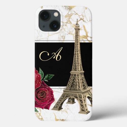 Monogrammed Eiffel Tower Gold Black Red Rose iPhone 13 Case