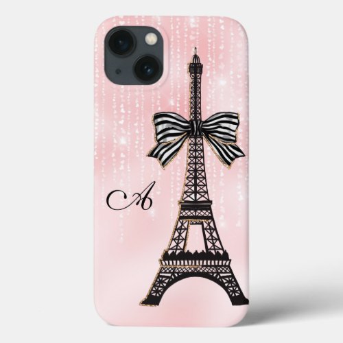 Monogrammed Eiffel Tower Pink and Black Paris iPhone 13 Case