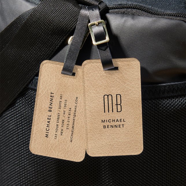 Monogrammed Elegant Beige Faux Leather Texture Luggage Tag (Monogrammed Elegant Beige Faux Leather Texture Luggage Tag)