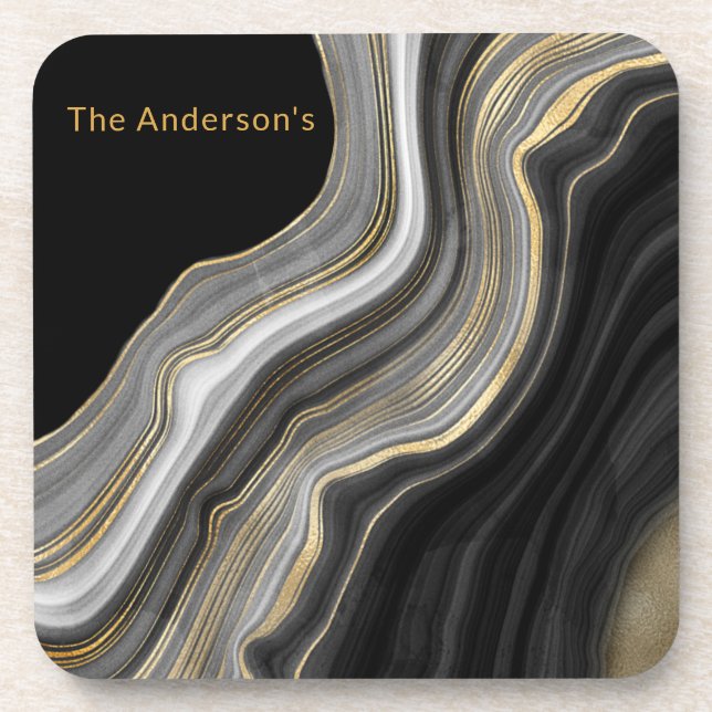 Monogrammed Elegant  Black, Gold and Gray Agate Beverage Coaster (Front)