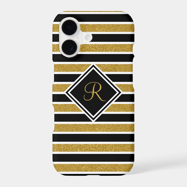 Monogrammed Elegant Black Gold Glitter Stripes Case-Mate iPhone Case (Back)