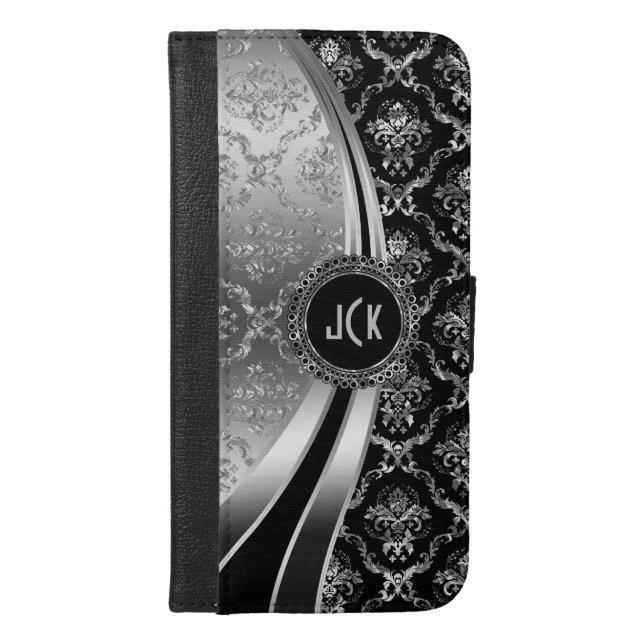 Monogrammed Elegant Black & Silver Floral Damask iPhone Wallet Case (Front)
