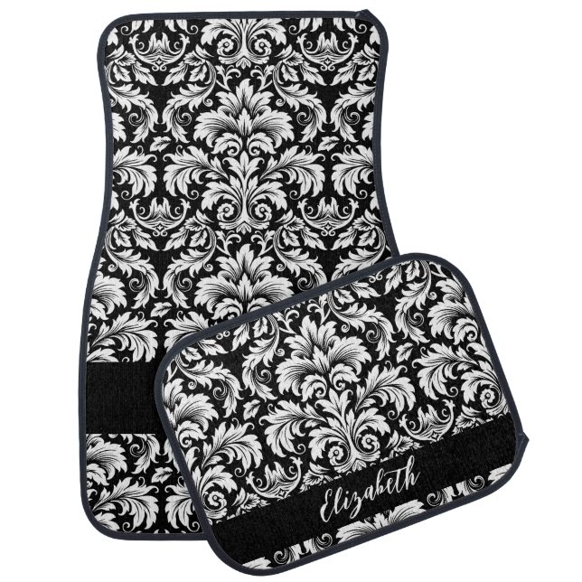 Monogrammed Elegant Black White Damask Car Floor Mat (Set)