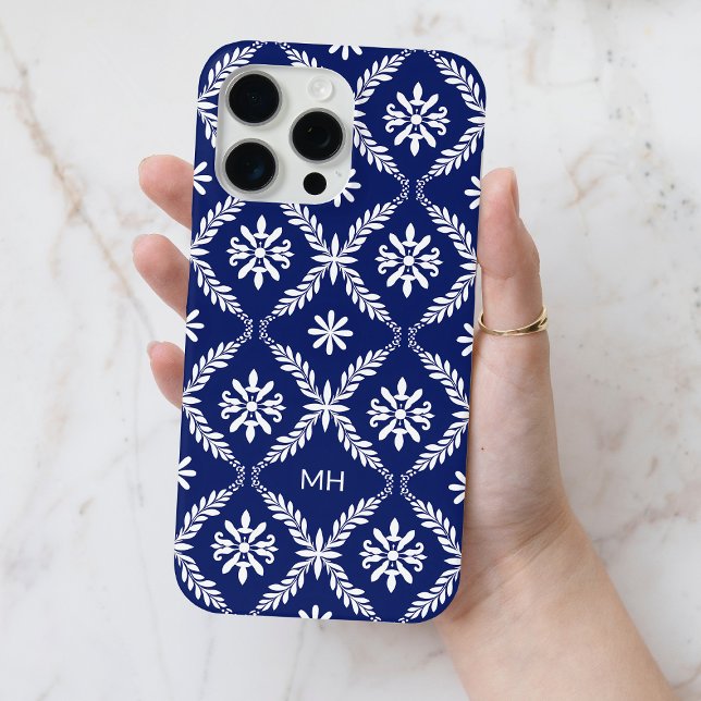 Monogrammed Elegant Blue and White Floral Pattern Case-Mate iPhone Case (Creator Uploaded)