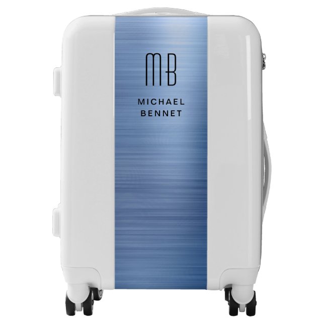 Monogrammed Elegant Blue Brushed Metallic Luggage (Front)