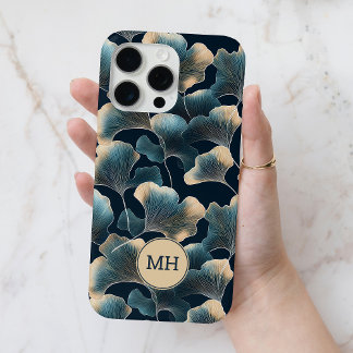 Monogrammed Elegant Blue Ginkgo Floral Pattern iPhone 15 Pro Max Case