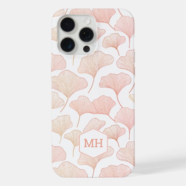 Monogrammed Elegant Blush Pink Ginkgo Leaf Pattern Iphone Case (Back)