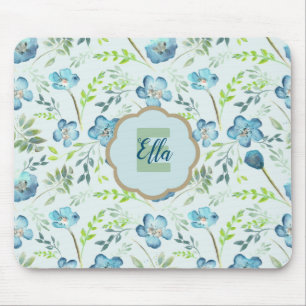 Monogrammed Elegant Boho Blue Watercolor Flowers Mouse Pad