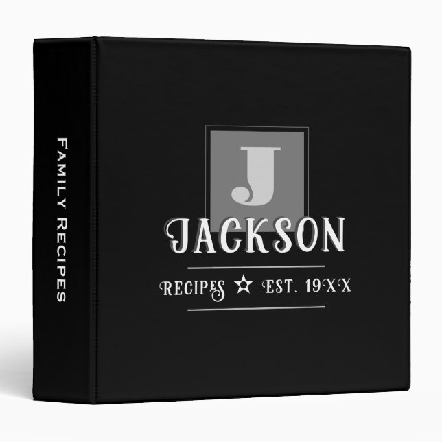 Monogrammed Elegant Boxed Initial Recipe 3 Ring Binder (Front/Spine)