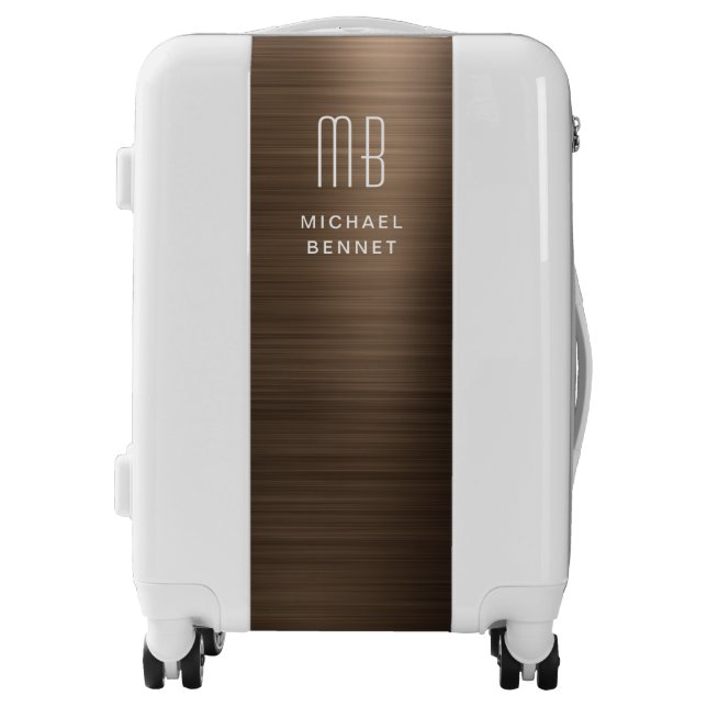 Monogrammed Elegant Brown Faux Brushed Metallic Luggage (Front)