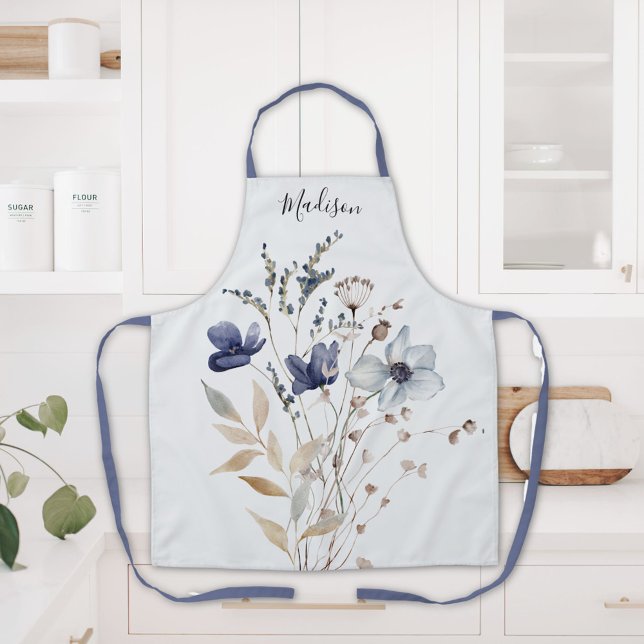 Monogrammed Elegant Chic Watercolor Blue Flower Apron (In situ)