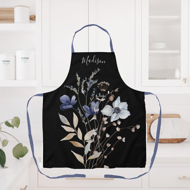 Monogrammed Elegant Chic Watercolor Blue Flower Apron (In situ)