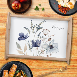 Monogrammed Elegant Chic Watercolor Blue Flower Serving Tray