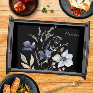 Monogrammed Elegant Chic Watercolor Blue Flower Serving Tray