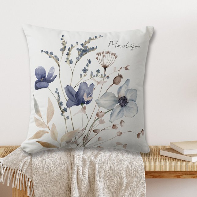 Monogrammed Elegant Chic Watercolor Blue Flower Throw Pillow (In situ)