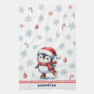 Monogrammed Elegant Christmas Ice Skating Penguin Kitchen Towel