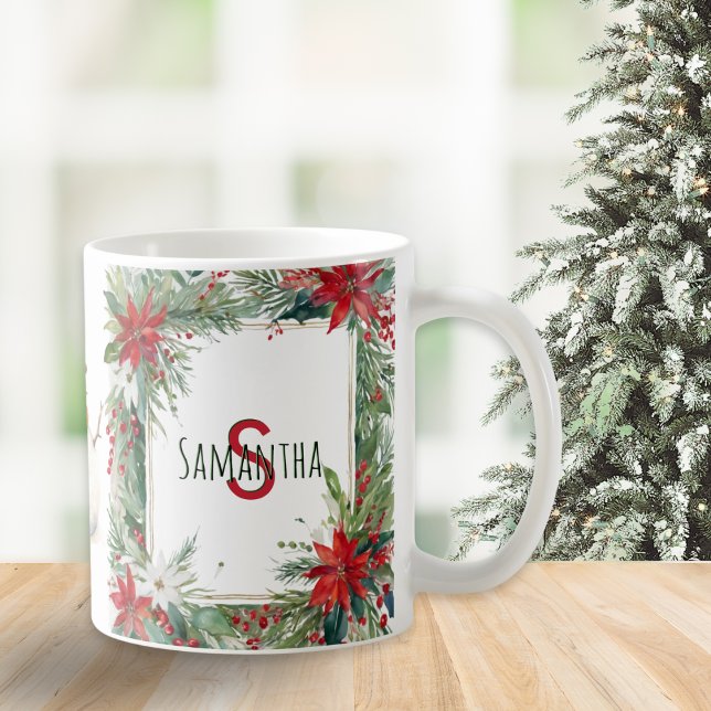 Monogrammed Elegant Christmas Winter Botanicals Coffee Mug (A Christmas mug with monogram and elegant red and green winter botanicals)