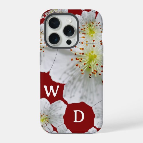 Monogrammed Elegant Cute Floral Art Burgundy  iPhone 15 Pro Case