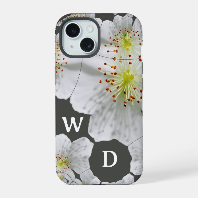 Monogrammed Elegant Cute Floral Art Charcoal iPhone 15 Case (Back)