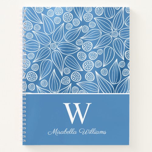 Monogrammed Elegant Floral Lineart Blue Girly Note Notebook