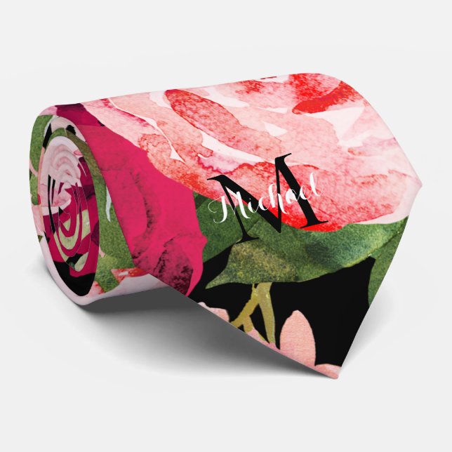 Monogrammed elegant floral Pink Black Neck Tie (Rolled)
