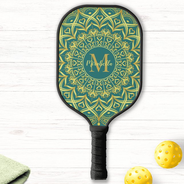 Monogrammed Elegant Girly Mandala Teal Green Pickleball Paddle (Creator Uploaded)
