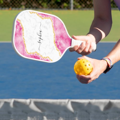 Monogrammed Elegant Girly Marble Pink Pickleball Paddle