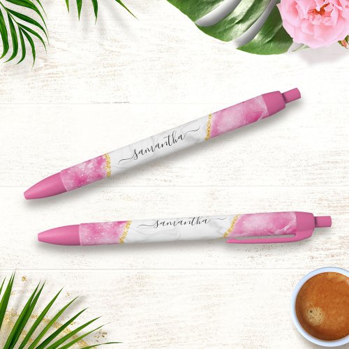 Monogrammed Elegant Glam Girly Pink White Marble Blue Ink Pen