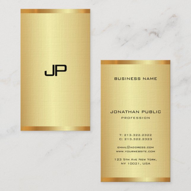 Monogrammed Elegant Gold Look Modern Vertical Business Card (Front/Back)