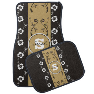 Monogrammed Elegant Gold & White Flowers / Floral Car Floor Mat