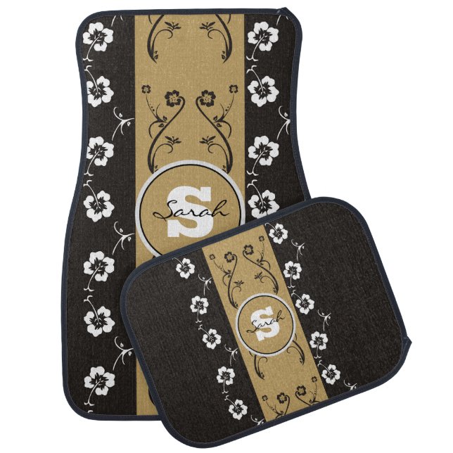 Monogrammed Elegant Gold & White Flowers / Floral  Car Floor Mat (Set)
