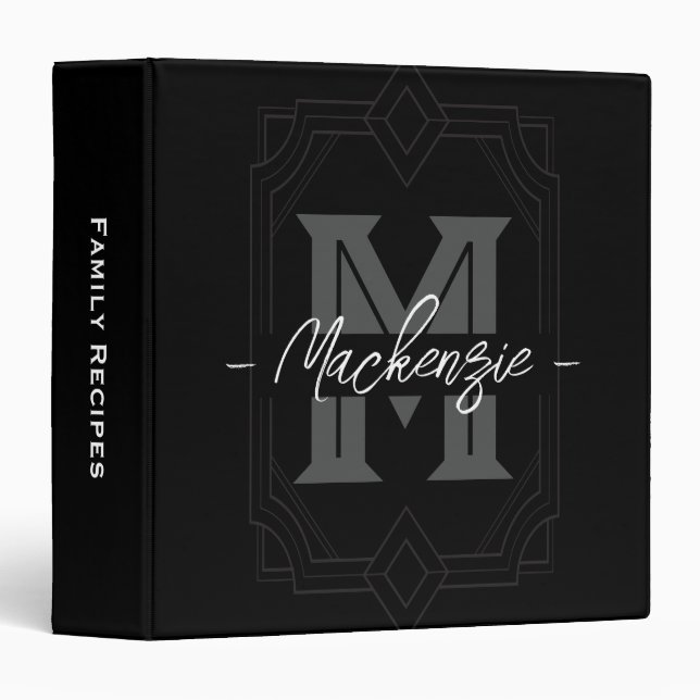 Monogrammed Elegant Initial black  3 Ring Binder (Front/Spine)