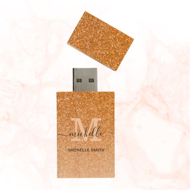 Monogrammed Elegant Luxurious Gold Glitter  Wood Flash Drive (Creator Uploaded)