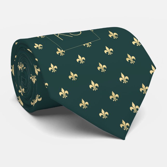 Monogrammed elegant luxury dark green gold neck tie (Rolled)