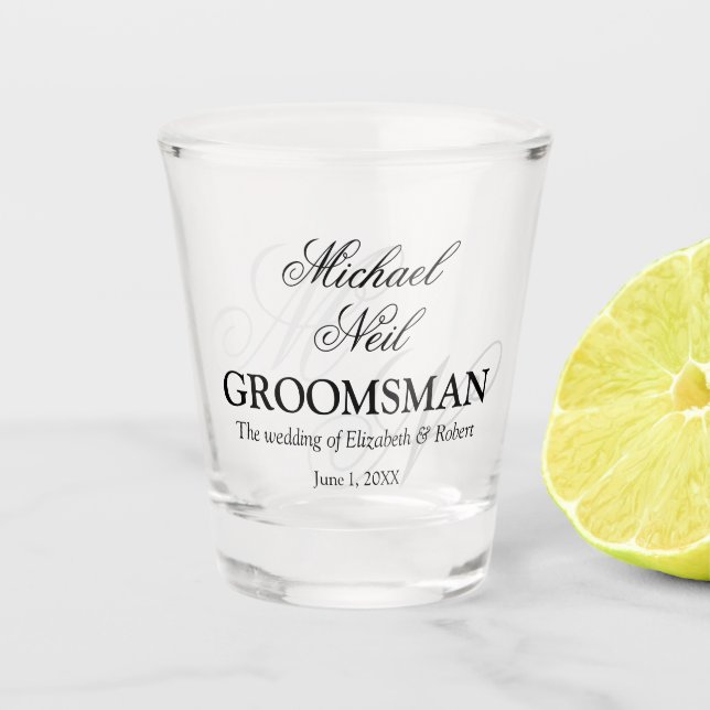 Monogrammed Elegant Minimalist Groomsman Gift Shot Glass (Front)